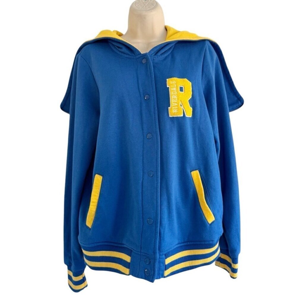 Riverdale Cheerleader Woman’s Sz L Blue & Yellow Varsity Snap Jacket Hoodie